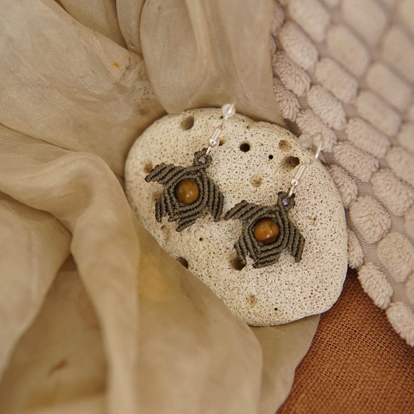 Tiger's Eye Macrame Turtle Earrings image 0