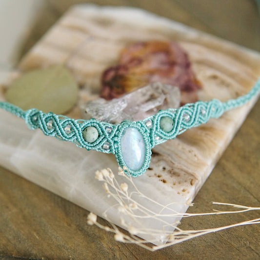 Rainbow Moonstone &amp; Turquoise Macrame Choker image 0